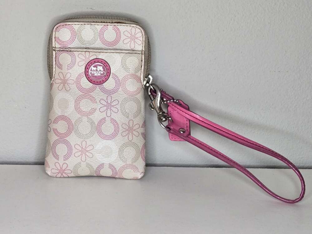 Coach Pink and Cream Signature C and Floral Print Wristlet Pouch